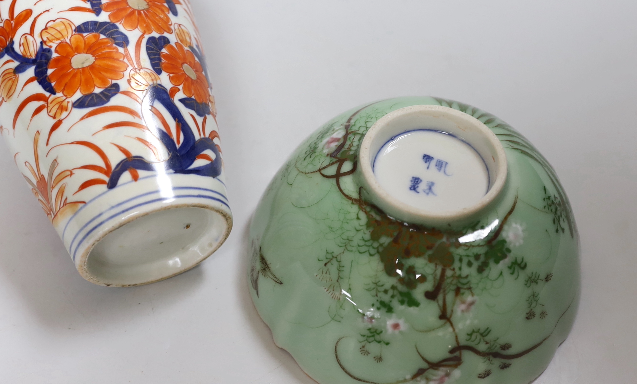 A Japanese Imari vase, a dish and green glazed bowl, together with a Chinese hors d'oeuvres dish-24cm wide
